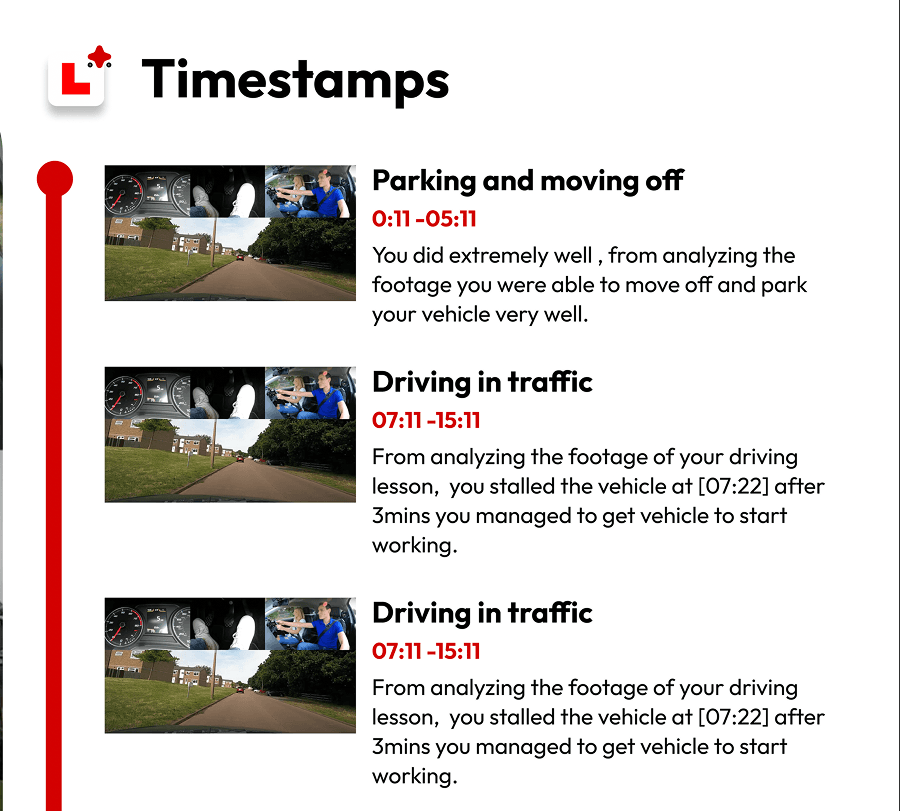 Timestamps feature showing detailed timeline of driving events
